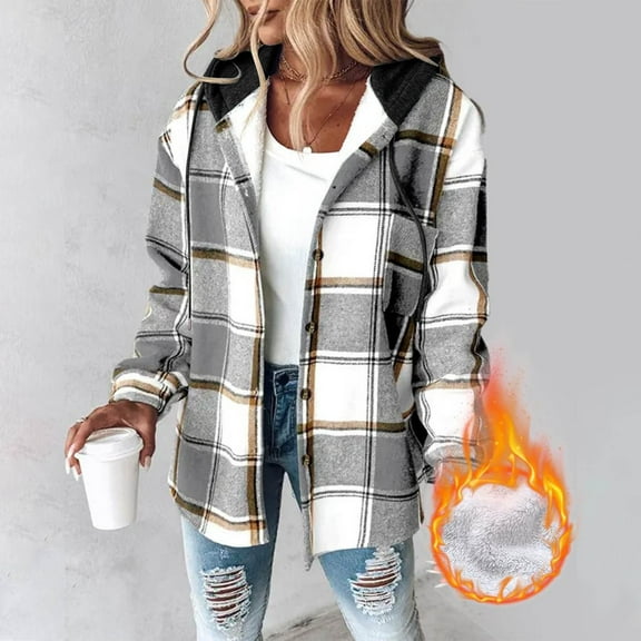 Flannel Jackets for Women Plaid Print Casual Hooded Jacket with Pockets Button Down Winter Coats for Women S-2XL