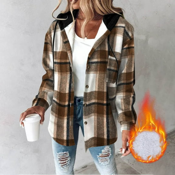 Flannel Jackets for Women Plaid Print Casual Hooded Jacket with Pockets Button Down Winter Coats for Women S-2XL