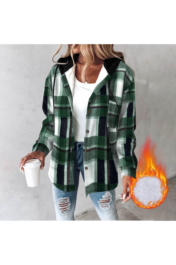 Flannel Jackets for Women Plaid Print Casual Hooded Jacket with Pockets Button Down Winter Coats for Women S-2XL