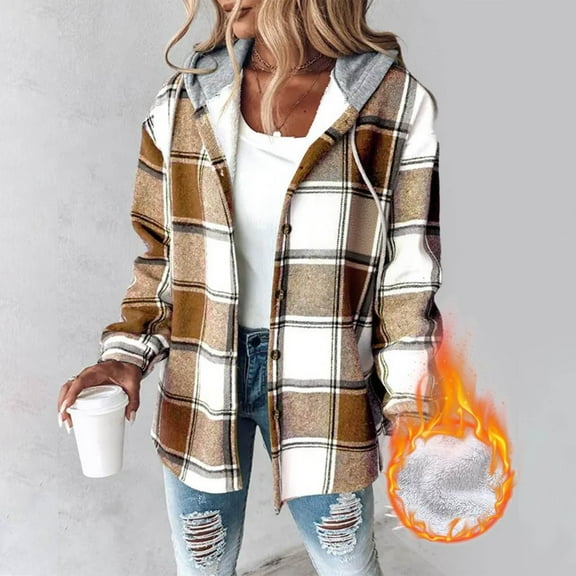 Flannel Jackets for Women Plaid Print Casual Hooded Jacket with Pockets Button Down Winter Coats for Women S-2XL
