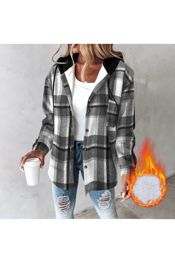 Flannel Jackets for Women Plaid Print Casual Hooded Jacket with Pockets Button Down Winter Coats for Women S-2XL