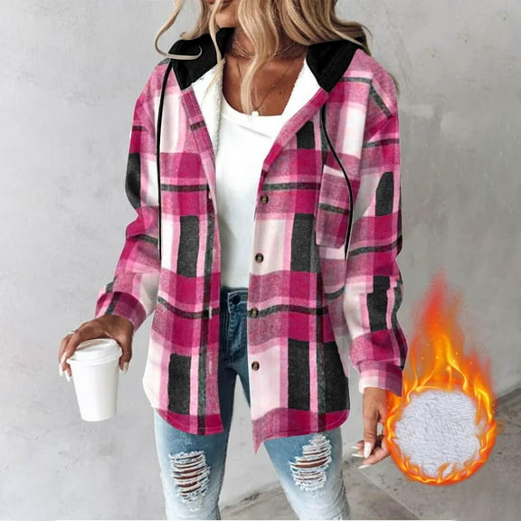 Flannel Jackets for Women Plaid Print Casual Hooded Jacket with Pockets Button Down Winter Coats for Women S-2XL