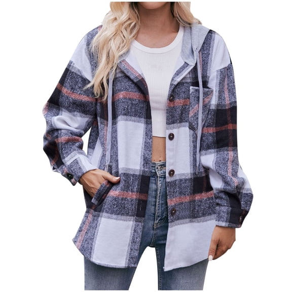 Flannel Jackets for Women with Hood Button Down Lightweight Shacket Jacket Loose Fit Casual Long Sleeve Fall Winter Warm Plaid Coat