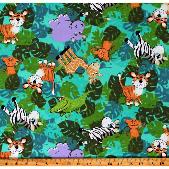 Flannel Jungle Friends Safari Animals Hippos Zebras Monkeys Alligators Crocodiles Giraffes Tigers Kids Flannel Fabric Print by the Yard (108-290)