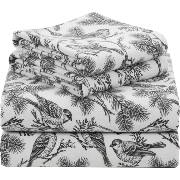 Flannel King Sheets Set - Made in Portugal 100% Cotton, Thick, Velvet Soft 4-Piece King Size Flannel Sheets Set, Triple-Brushed with Extra Deep Pockets - Winter Birds