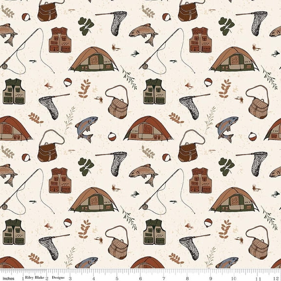 Flannel Let's Wander Gone Fishing Cream Fabric