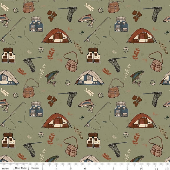 Flannel Let's Wander Gone Fishing Sage Fabric