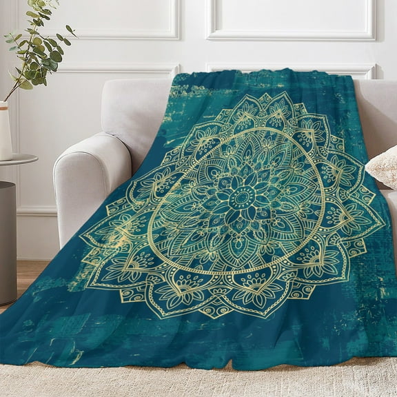 Flannel Mandala Throw Blanket - Polyester 100%, Knitted Quilting, Digital Print, Soft Warm Flannel, 200-250 g/㎡, Ornate Flower of Life Design, Contemporary Style