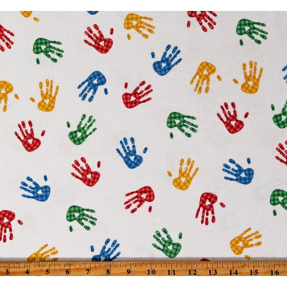 Flannel Multi-Colored Plaid Handprints Kids Hand Painting Fingers Hands Art White Cotton Flannel Fabric Print by the Yard (9434-78)