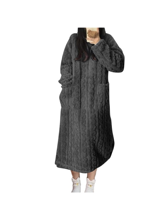 Flannel Nightgowns for Women Plus Size Zipper Front Bathrobe Winter Warm Nightdress Women's Nightgowns and Sleepshirts Fuzzy Fleece Pajamas with Pockets