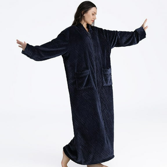 Flannel Nightgowns for Women Plus Size Zipper Front Bathrobe Winter Warm Nightdress Women's Nightgowns and Sleepshirts Fuzzy Fleece Pajamas with Pockets