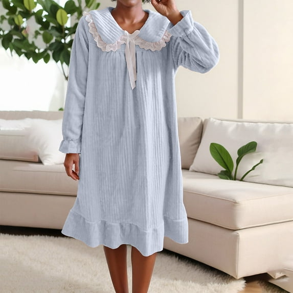 Flannel Nightgowns for Women Cute Doll Collar Sleep Dress Bow Tie Loose Warm Comfy Loungewear