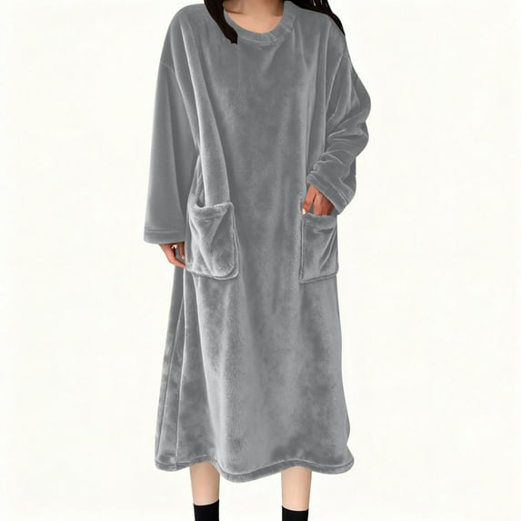 Flannel Nightgowns for Women Fuzzy Pajama Dress Long Sleeve Warm Thicken Comfy Maxi Night Robes Baggy Pockets