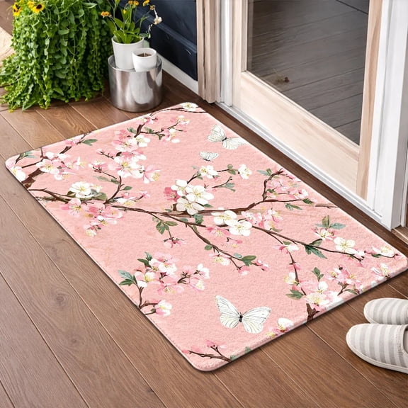 Flannel Non-Slip Floor Mat, Pink Cherry Blossom Butterfly, Soft Washable Rug for Bedroom, Kitchen, Bathroom, Indoor Outdoor, Durable Anti-Slip Carpet for Living Room, Office, Porch, Pet Area