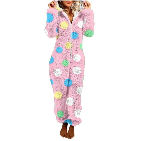Flannel Onesie Pajamas for Women Fleece Fuzzy One Piece Zipper Hooded Sherpa Romper Cute Polka Dots Warm Winter Loungewear
