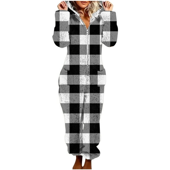 Flannel Onesie Pajamas for Women Fleece Fuzzy Sherpa Hooded One Piece Plaid Romper Warm Winter Loungewear Sleepwear