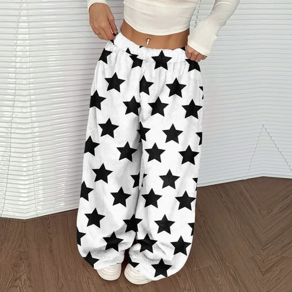 Flannel Pajama Pants Women Baggy Wide Leg Fleece Lounge Pants Soft Fluffy Star Print Pajama Pants 2025 Fashion Comfy Elastic Waist Sweatpants White XL