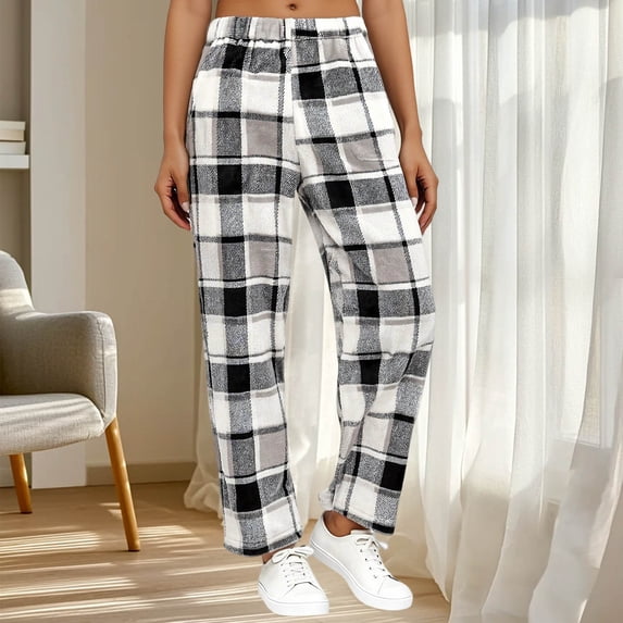 Flannel Pajama Pants Women Brushed Soft Plush Elastic Waist Sleepwear with Pockets Print Cozy Winter Warm Thermal Pajama Bottoms