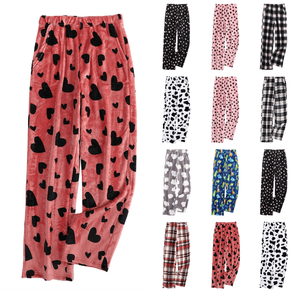 Flannel Pajama Pants Women Funny Cow Print Fuzzy Bottoms With Pockets Soft Flannel Fleece Elastic Waist Straight Wide Leg Loose Fit Comfy Lounge Home For Sleep