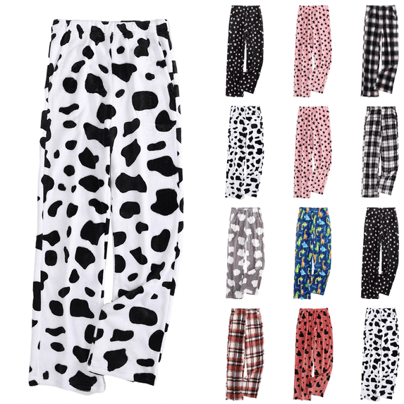 Flannel Pajama Pants Women Funny Cow Print Fuzzy Bottoms With Pockets Soft Flannel Fleece Elastic Waist Straight Wide Leg Loose Fit Comfy Lounge Home For Sleep