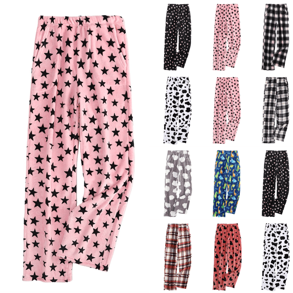 Flannel Pajama Pants Women Funny Fuzzy Bottoms With Pockets Soft Flannel Fleece Elastic Waist Straight Wide Leg Loose Fit Comfy Lounge Home For Sleep
