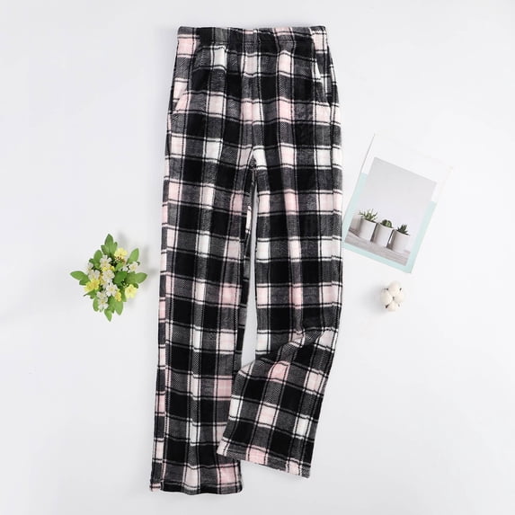 Flannel Pajama Pants Women Funny Printed Fuzzy Pj Bottoms Elastic Waist Straight Wide Leg Sleep Pants with Pockets