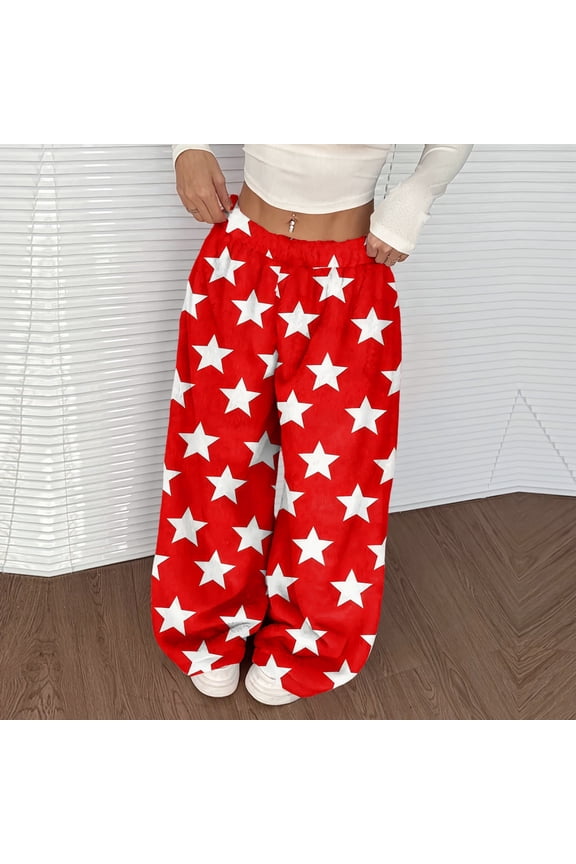 Flannel Pajama Pants Women Fuzzy Wide Leg Fleece Pj Bottoms Soft Fluffy Star Print Pajama Pants 2025 Fashion Holiday Party Elastic Waist Pjs Sleep Bottoms Red L
