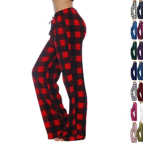 Flannel Pajama Pants Women Soft Christmas Plaid Sleep Lounge Pj Bottoms Casual Drawstring Elastic High Waisted Pajama Pants Loose Wide Leg Sleepwear,Red,2XL