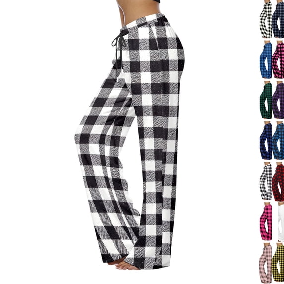 Flannel Pajama Pants Women Soft Christmas Plaid Sleep Lounge Pj Bottoms Casual Drawstring Elastic High Waisted Pajama Pants Loose Wide Leg Sleepwear,Dark Gray,3XL