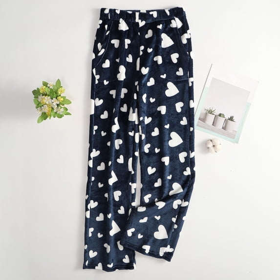 Flannel Pajama Pants for Women Winter Super Soft Cute Heart Pattern Pajama Pants Casual Fuzzy Sleep Pjs Pants with Pockets