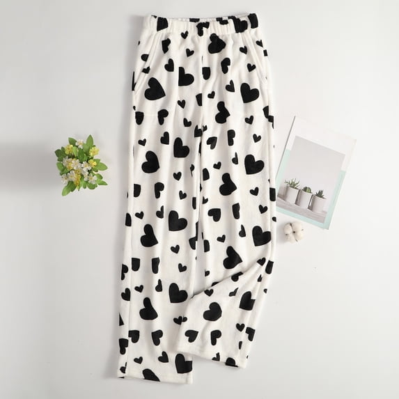 Flannel Pajama Pants for Women Winter Super Soft Cute Heart Pattern Pajama Pants Casual Fuzzy Sleep Pjs Pants with Pockets