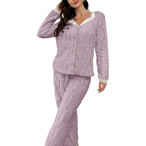 Flannel Pajama Set for Women Long Sleeve Lace Collar Sleepwear Soft Warm Loungewear 2 Piece Cozy Winter Nightwear