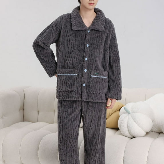 Flannel Pajama Sets for Men with Pockets 2 Piece Fleece Pajamas Mens Casual Solid Thermal Warm Plush Long Sleeve Shirts and Pants Loungewear Outfits