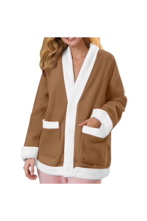 Flannel Pajama Tops Womens Long Sleeve Button Up Soft Warm Fuzzy Winter Front 2 Pockets Loungewear Jacket Blouses (L, Brown)