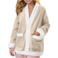 thumbnail image 1 of Flannel Pajama Tops Womens Long Sleeve Button Up Soft Warm Fuzzy Winter Front 2 Pockets Loungewear Jacket Blouses (S, Beige), 1 of 7