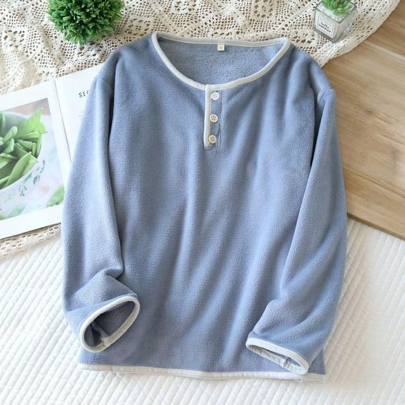 Flannel Pajama Tops for Women Fuzzy Fleece Button up Loungewear Long Sleeve Warm Winter Thermal Sleepwear New Women Sleepwear Blue XL