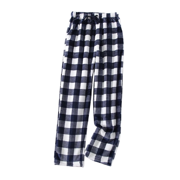 Flannel Pajama Women's Drawstring Soft Fuzzy Cute Plaid Pj Pants Comfy Wide Leg Lounge Sleepwear with Pockets Blue XL