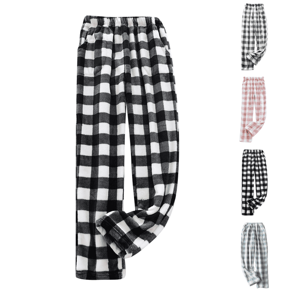 Flannel Pajama Women's Soft Fuzzy Cute Plaid Pj Pants Comfy Wide Leg Lounge Sleepwear with Pockets Black S