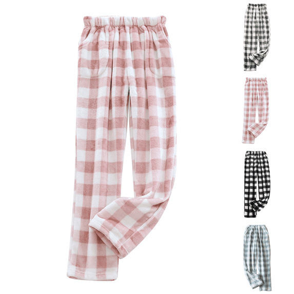 Flannel Pajama Women's Soft Fuzzy Cute Plaid Pj Pants Comfy Wide Leg Lounge Sleepwear with Pockets Pink XL