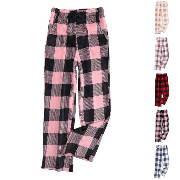 Flannel Pajama Women's Soft Fuzzy Cute Plaid Pj Pants Comfy Wide Leg Lounge Sleepwear with Pockets Pink XL