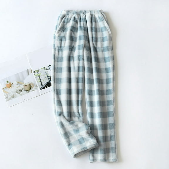 Flannel Pajama Women's Soft Fuzzy Cute Plaid Pj Pants Comfy Wide Leg Lounge Sleepwear with Pockets Sky Blue M