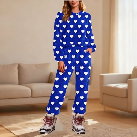 Flannel Pajamas Set for Women Cute Print Pullover Tops Matching Pants Fuzzy Warm Sleepwear Loungewear Outfits Blue S