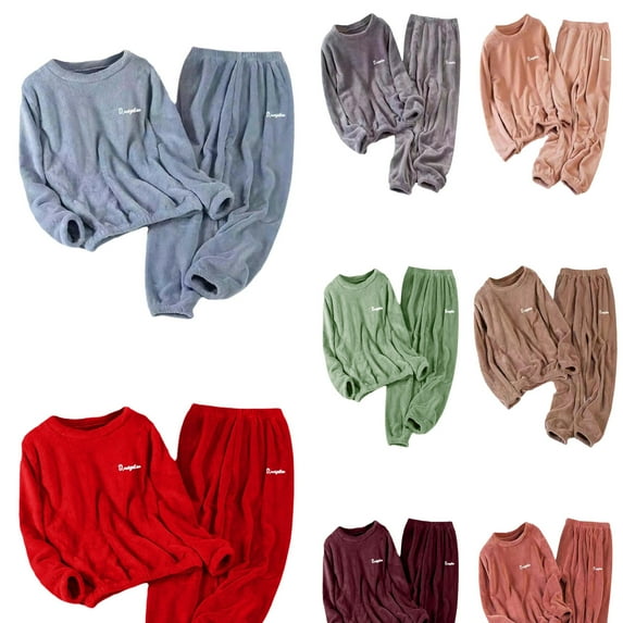 Flannel Pajamas for Women Set 2025 Winter Warm Fuzzy Elastic Waist Pajama Pants Crewneck Long Sleeve Tops 2 Piece Loungewear #01 Light Blue & Size L