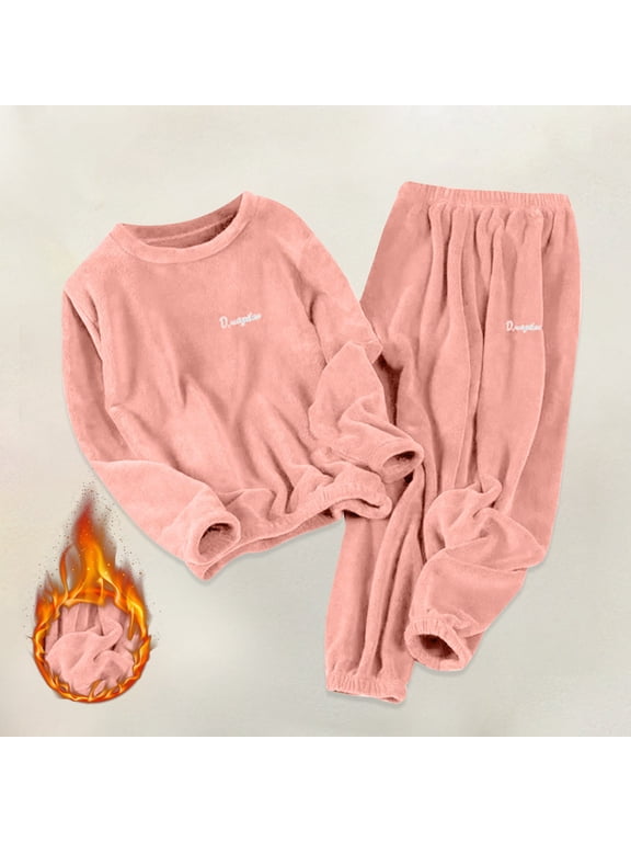 Flannel Pajamas for Women Set,Fuzzy Cozy Warm Sleepwear Fluffy Pjs Sets Long Sleeve Fall Winter Cute Crewneck Loungewear Fleece Sherpa Plush Pullover Tops and Sleep Pant 2 Piece Thermal Outfits RD2