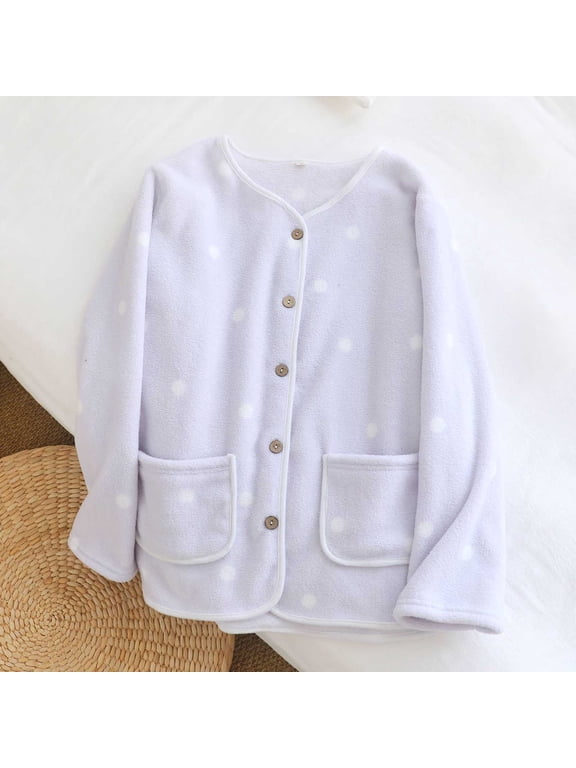 Flannel Pajamas for Women Soft Bed Jacket Button Front Long Sleeve Fuzzy Fleece Jacket Pajama Tops Sleepwear Coat Winter Loungewear with Pockets Nightgown for Women