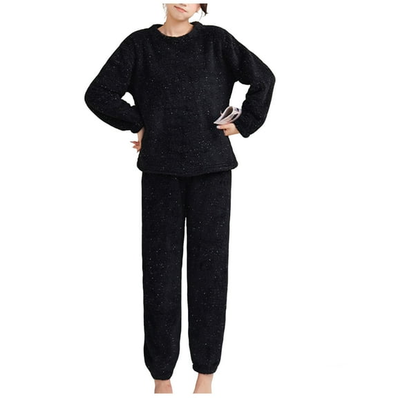 Flannel Pajamas for Women Set Winter Warm Fleece Fuzzy Sherpa Elastic Waist Crewneck Long Sleeve Pullover and Jogger Loungewear