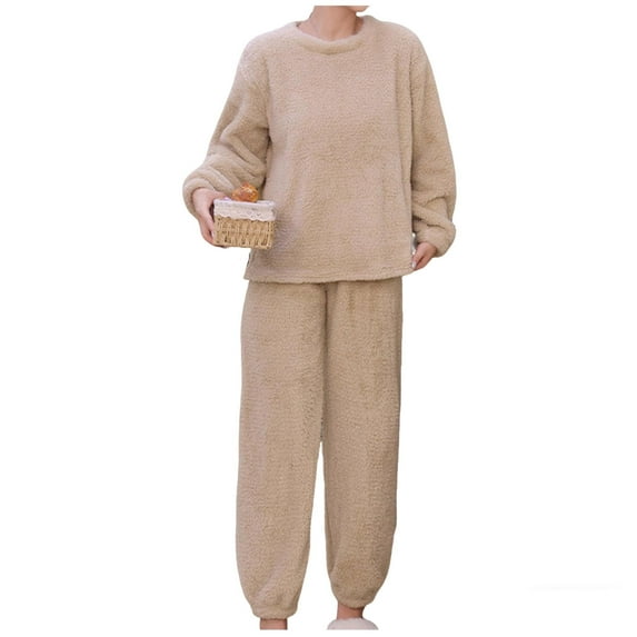 Flannel Pajamas for Women Set Winter Warm Fleece Fuzzy Sherpa Elastic Waist Crewneck Long Sleeve Pullover and Jogger Loungewear