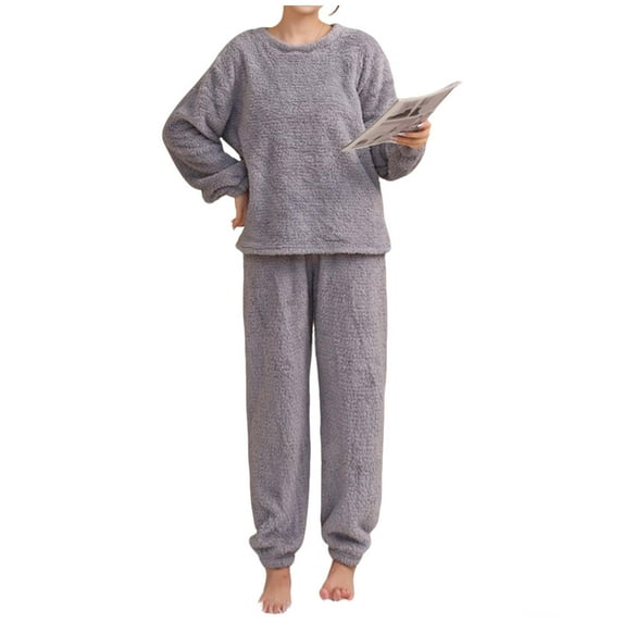 Flannel Pajamas for Women Set Winter Warm Fleece Fuzzy Sherpa Elastic Waist Crewneck Long Sleeve Pullover and Jogger Loungewear