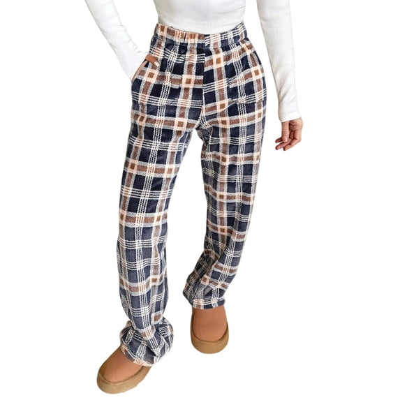 Flannel Pants for Women Elastic Waist Fuzzy Pajama Pants Home Warm Winter Pajama Bottoms with Pockets