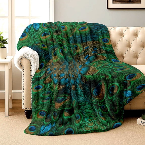 Flannel Peacock Feather Throw Blanket, 2D Printed Animal Pattern, Green Decorative Gift for Bed Sofa Camping Office, Machine Washable, All-Season Pet-Friendly